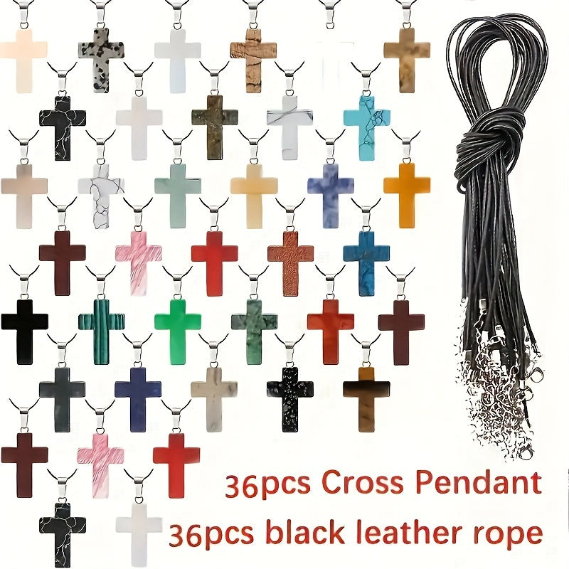 36pcs Natural Stone Cross Pendants & Black Necklaces Set - for DIY Jewelry Making