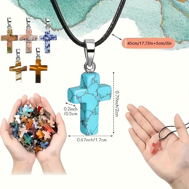 36pcs Natural Stone Cross Pendants & Black Necklaces Set - for DIY Jewelry Making