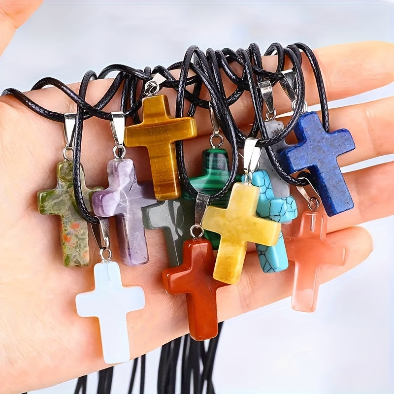 36pcs Natural Stone Cross Pendants & Black Necklaces Set - for DIY Jewelry Making