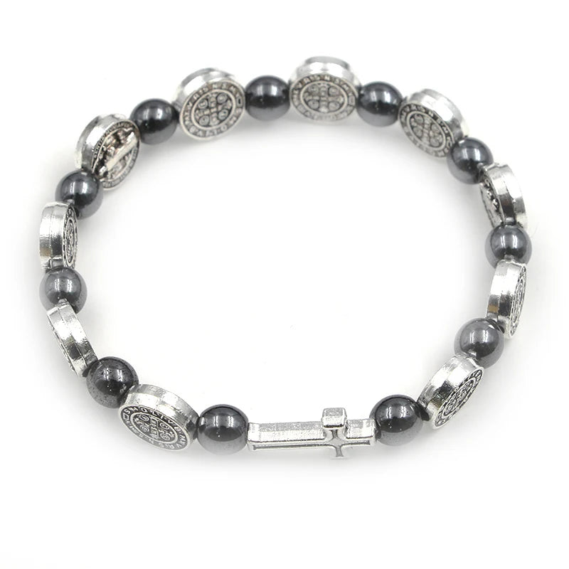 Hematite Rosary Bracelet St. Benedict Medal Cross Prayer Bracelets 