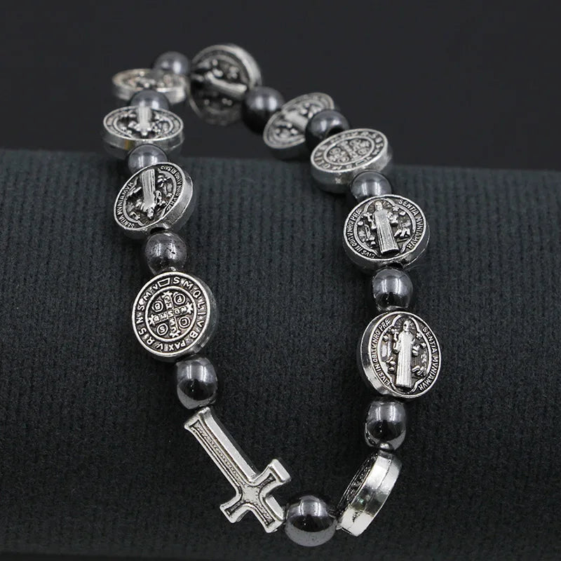 Hematite Rosary Bracelet St. Benedict Medal Cross Prayer Bracelets 
