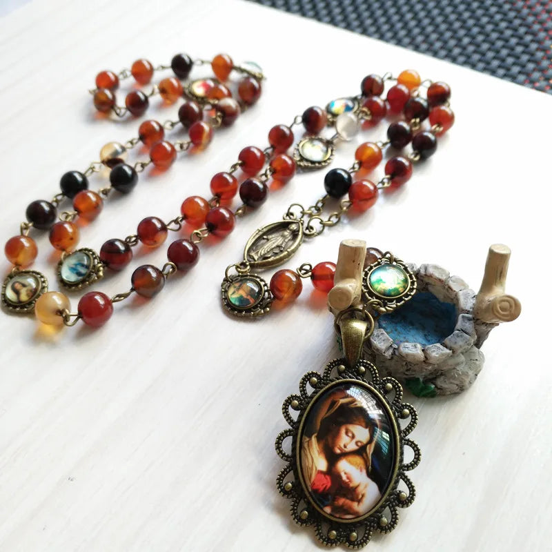 Brone Stone Seven Bitter Virgin Rosary Pendant Necklace Long Catholic Jewelry