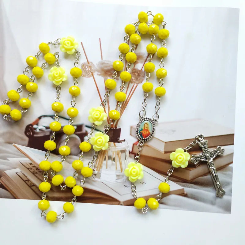 Multiple colors Rose Crystal Rosary Necklace Catholic Vintage Cross Pendant