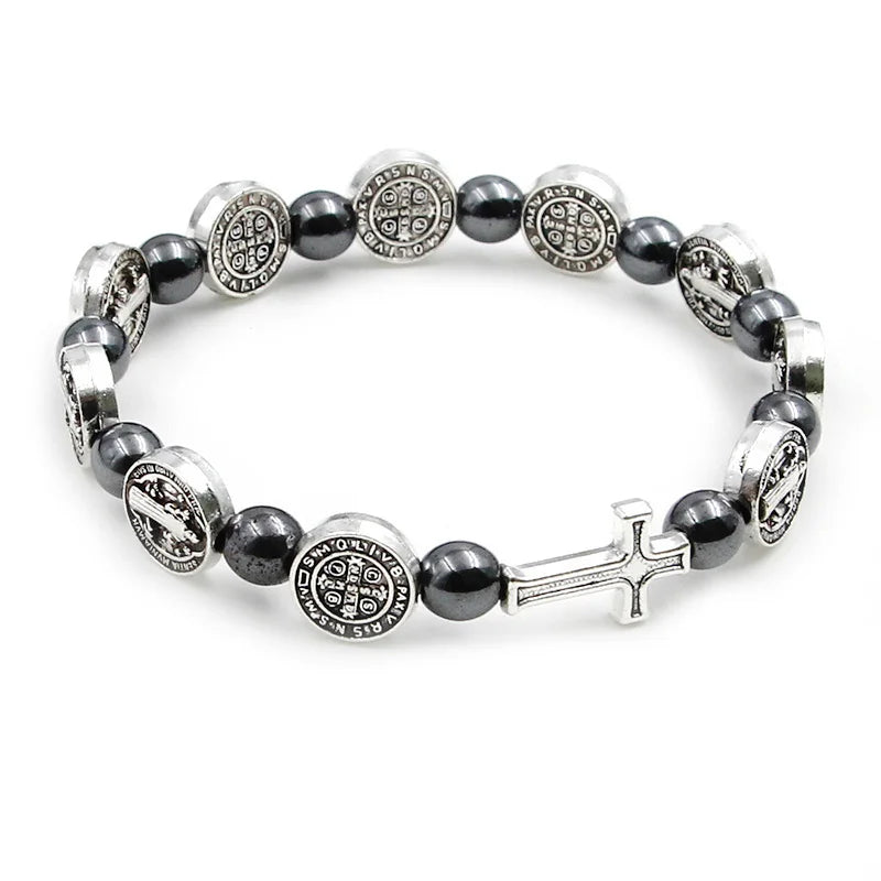 Hematite Rosary Bracelet St. Benedict Medal Cross Prayer Bracelets 