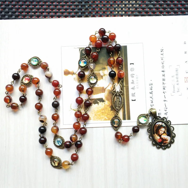 Brone Stone Seven Bitter Virgin Rosary Pendant Necklace Long Catholic Jewelry