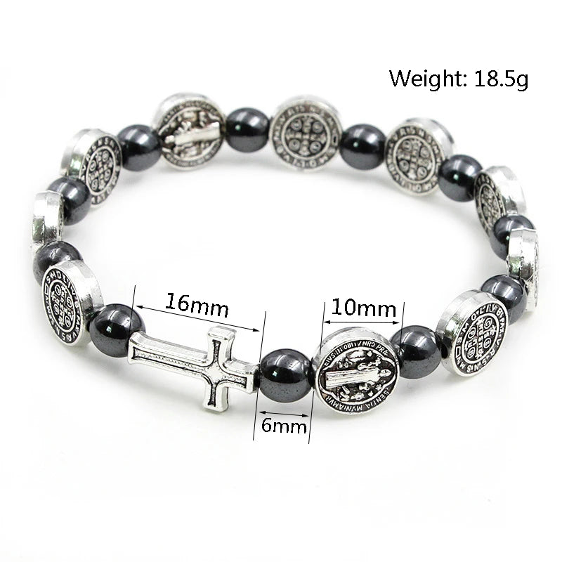 Hematite Rosary Bracelet St. Benedict Medal Cross Prayer Bracelets 