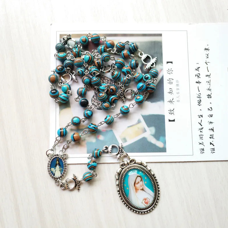 Green Peacock Stone Seven Bitter Rosary Long Virgin Pendant Necklace