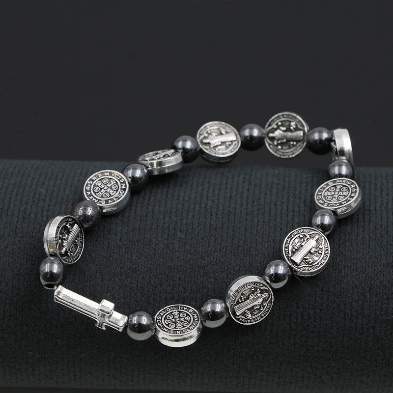 Hematite Rosary Bracelet St. Benedict Medal Cross Prayer Bracelets 