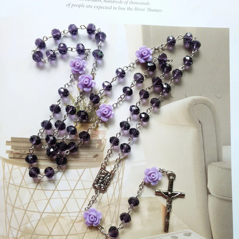 Multiple colors Rose Crystal Rosary Necklace Catholic Vintage Cross Pendant