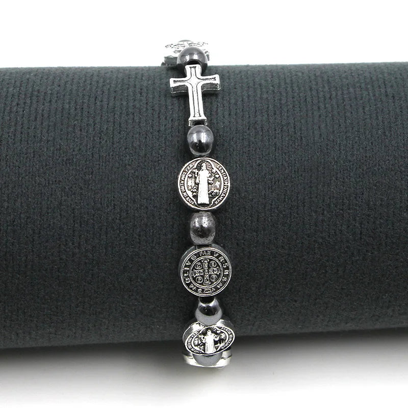 Hematite Rosary Bracelet St. Benedict Medal Cross Prayer Bracelets 