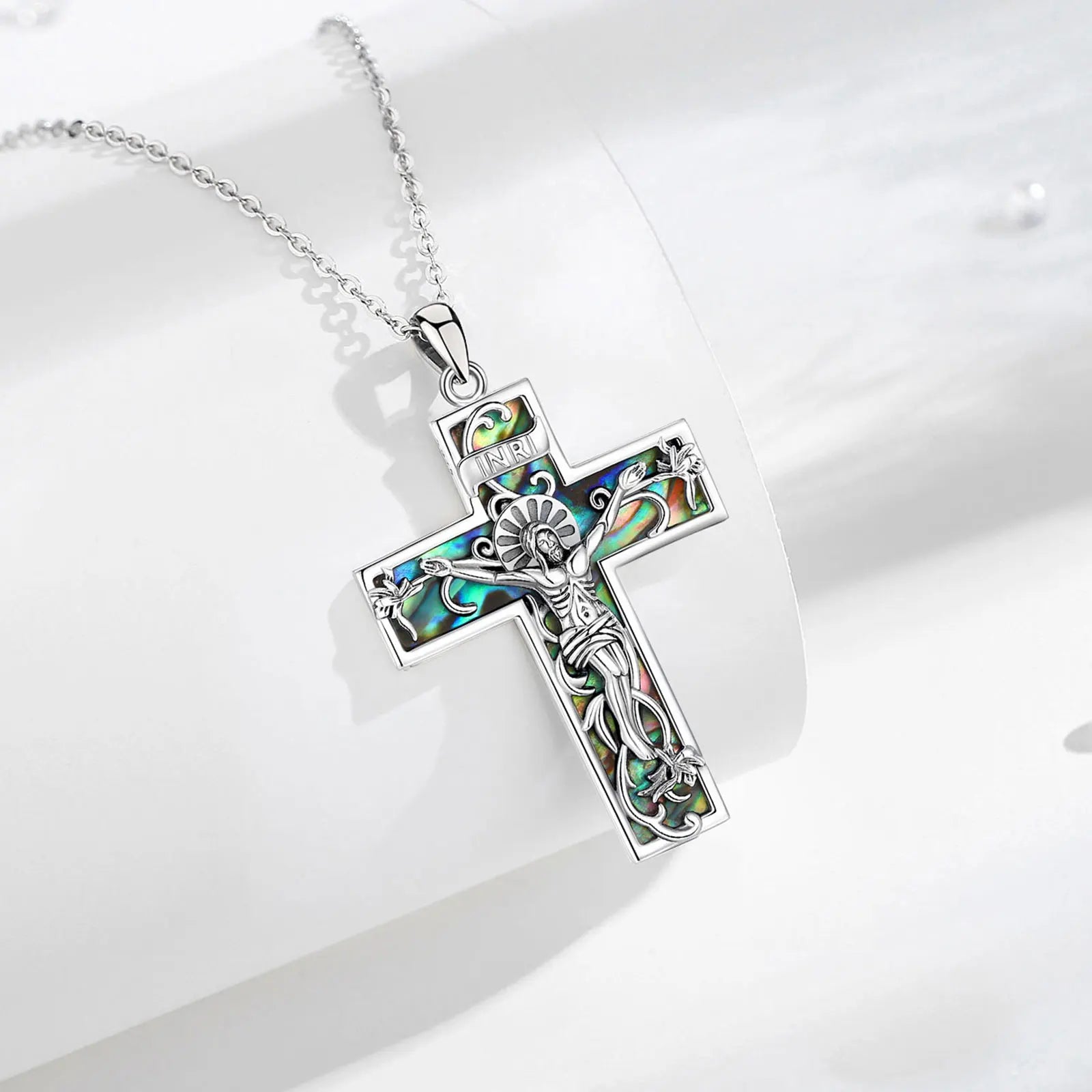 925 Sterling Silver Abalone Shell Jesus Crucifix Cross Necklace