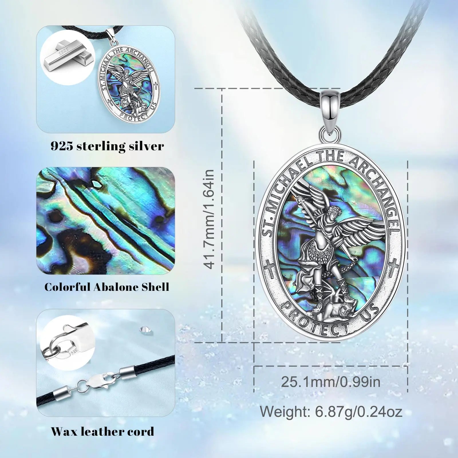 925 Sterling Silver Abalone Shell St.Michael Archangel Necklace