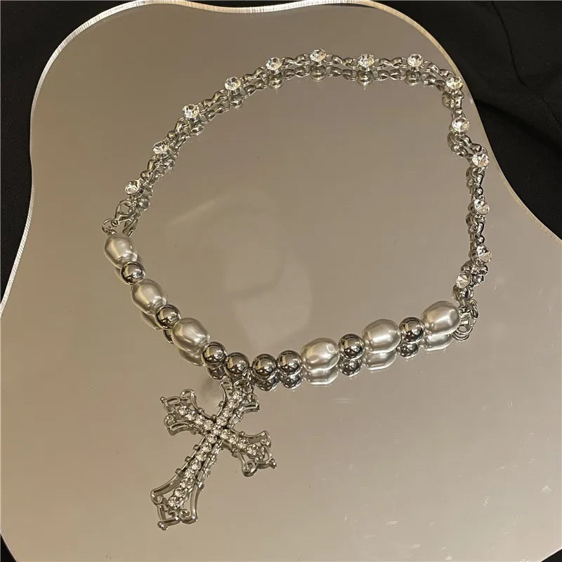 Trendy Pearl Cross Pendant Necklace