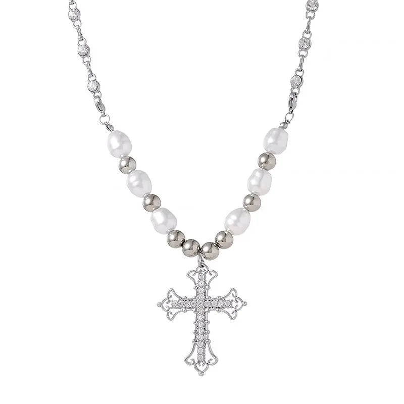 Trendy Pearl Cross Pendant Necklace