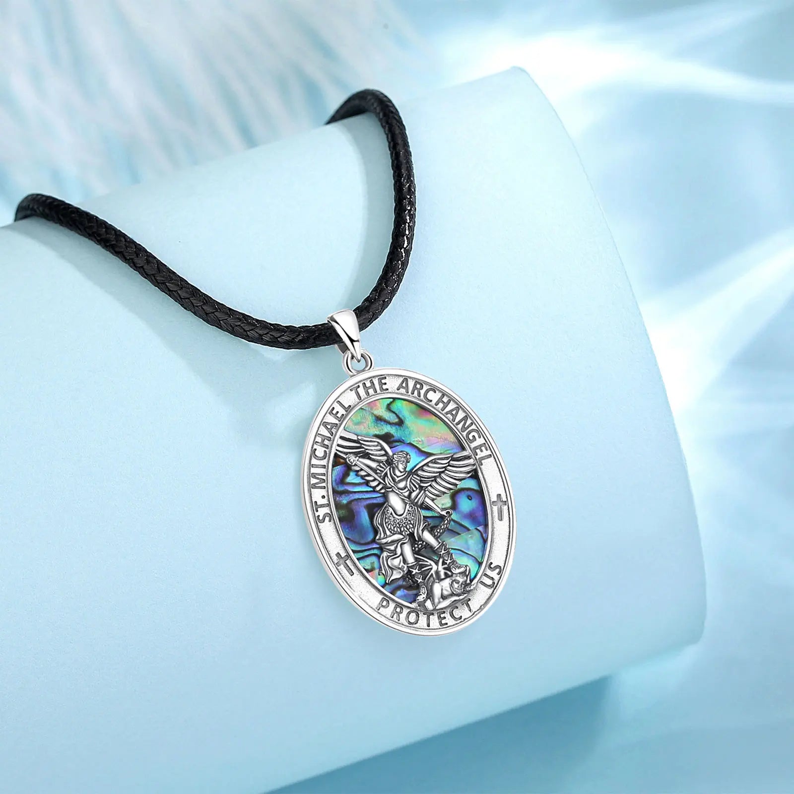 925 Sterling Silver Abalone Shell St.Michael Archangel Necklace