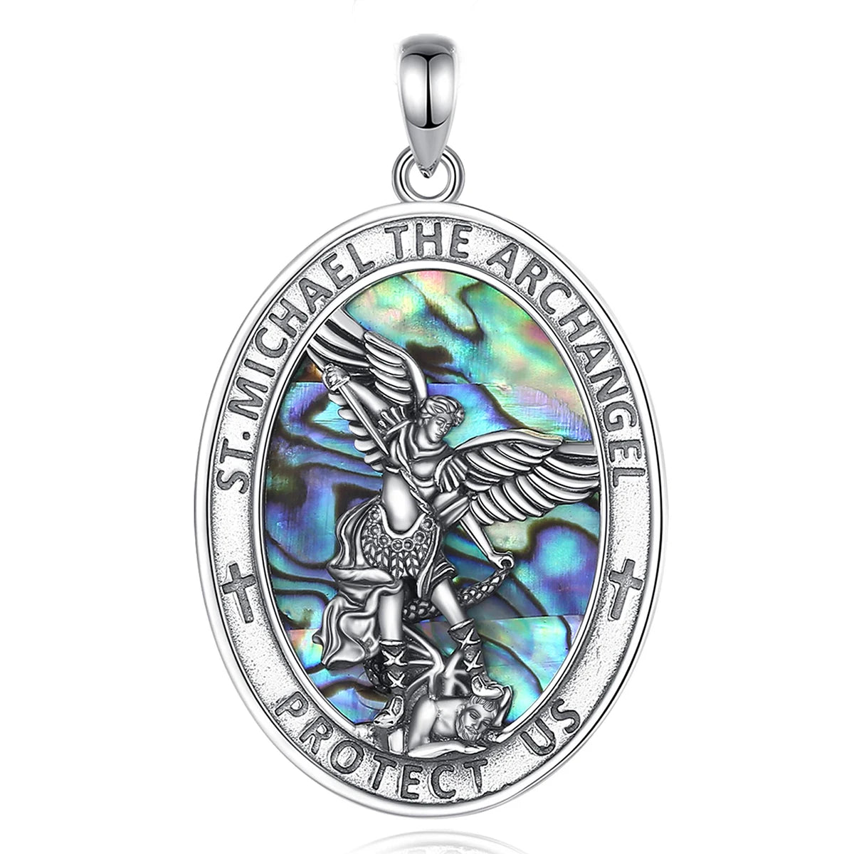 925 Sterling Silver Abalone Shell St.Michael Archangel Necklace