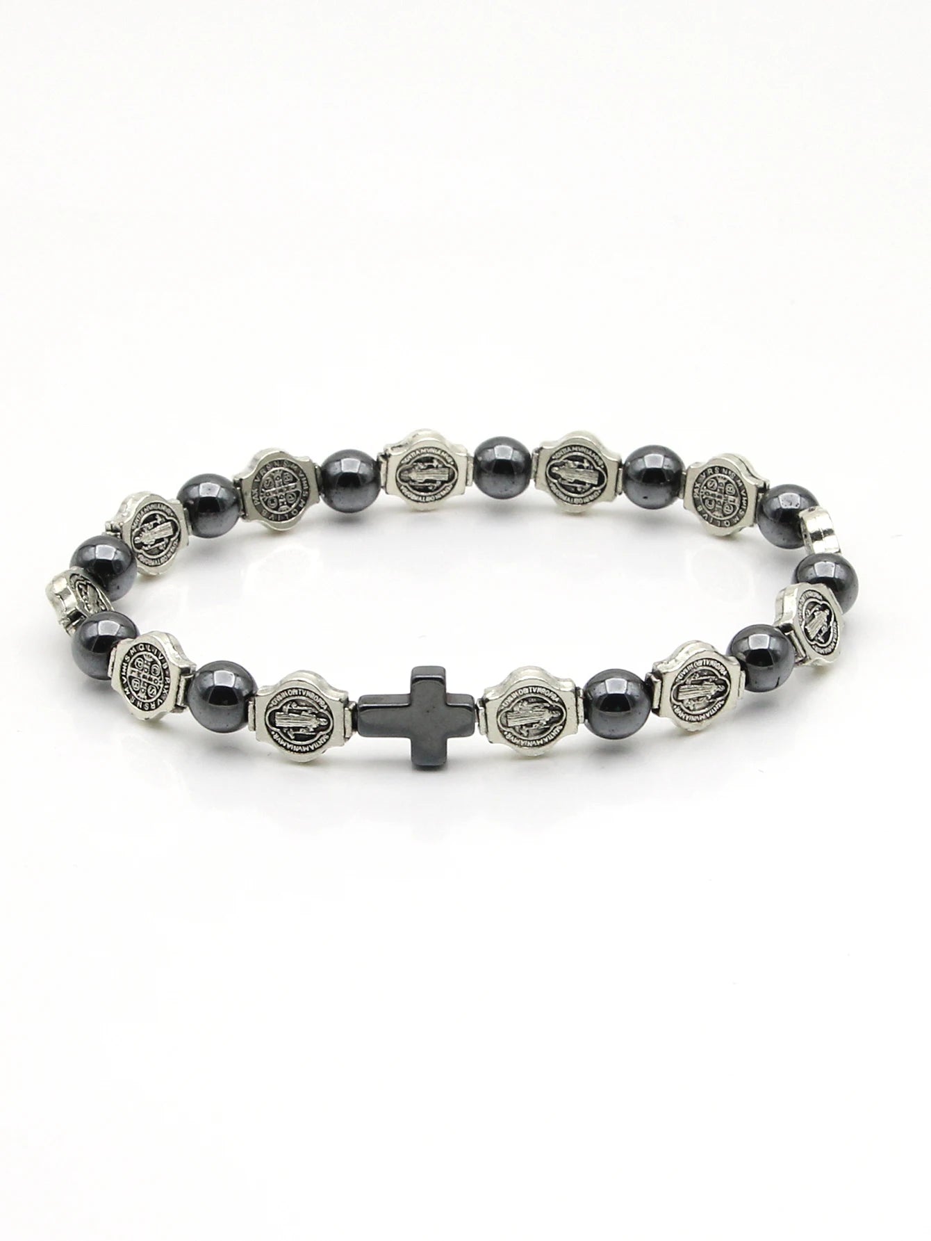 Hematite Rosary Bracelet St. Benedict Medal Cross Prayer Bracelets 