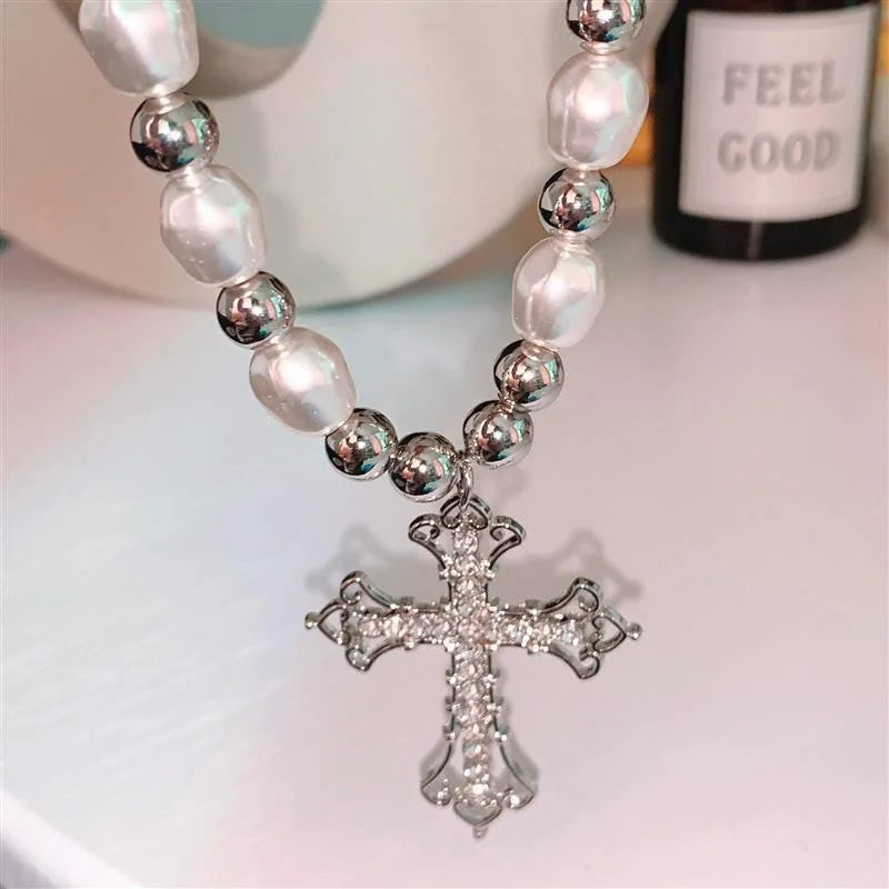 Trendy Pearl Cross Pendant Necklace