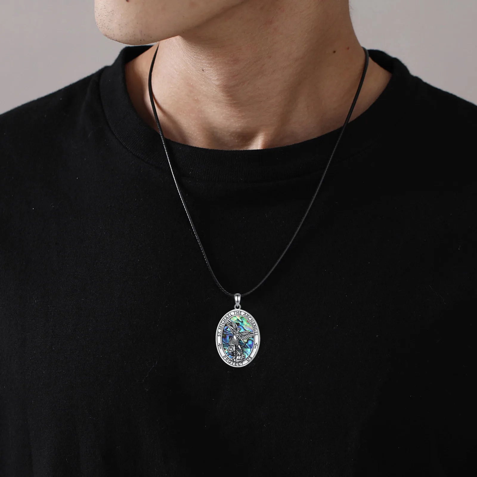 925 Sterling Silver Abalone Shell St.Michael Archangel Necklace
