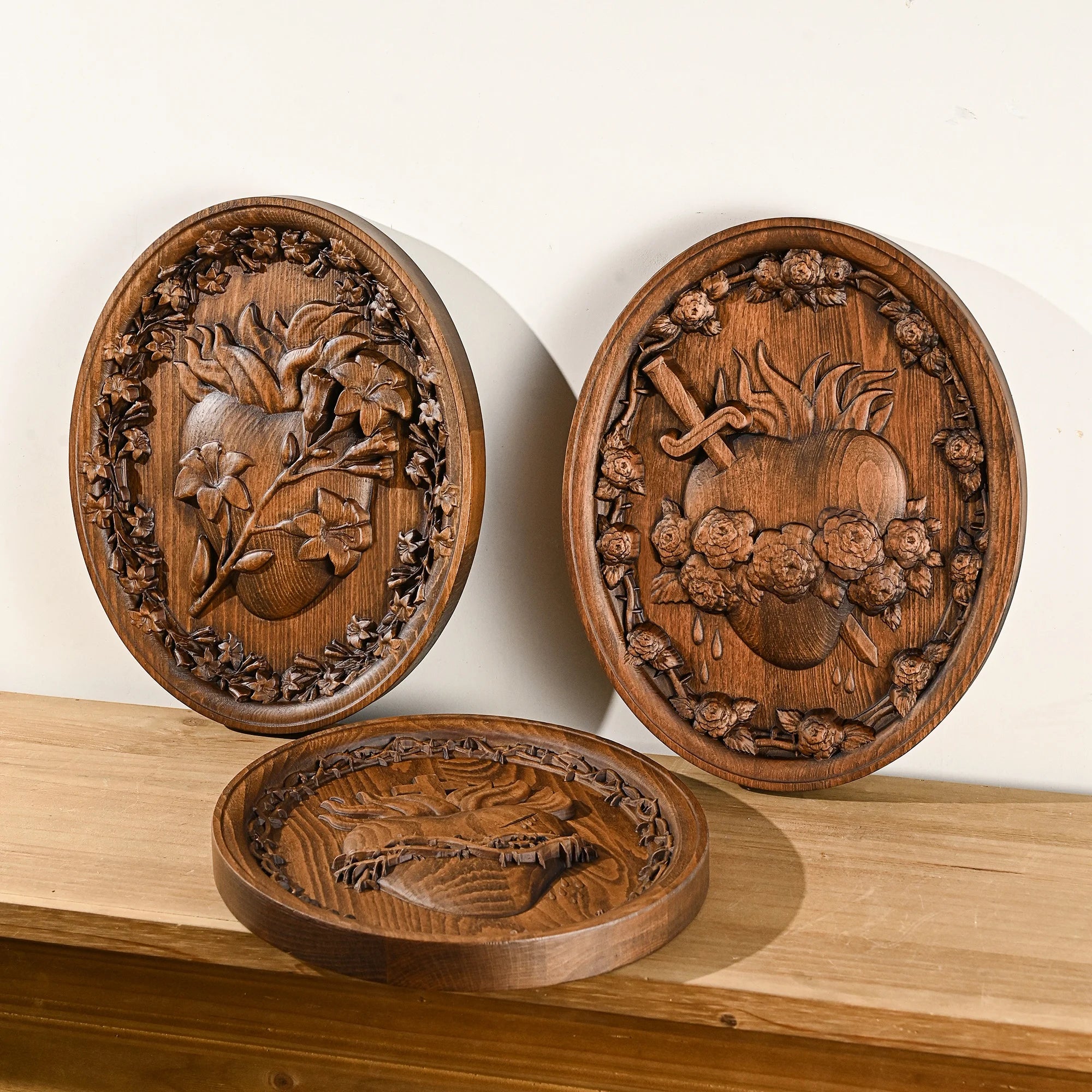 Wood Carving Holy Family Three Hearts Wall Decoration