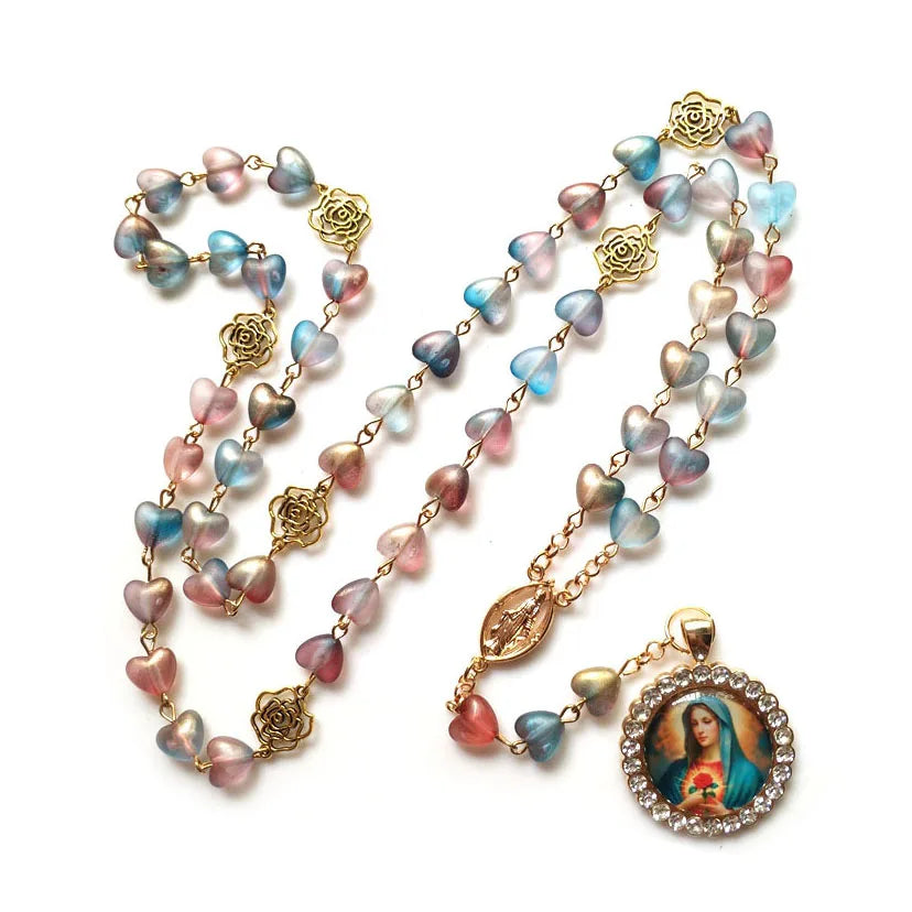 Acrylic Heart Rosary Long Glass Sacred of Mary Pendant Necklace