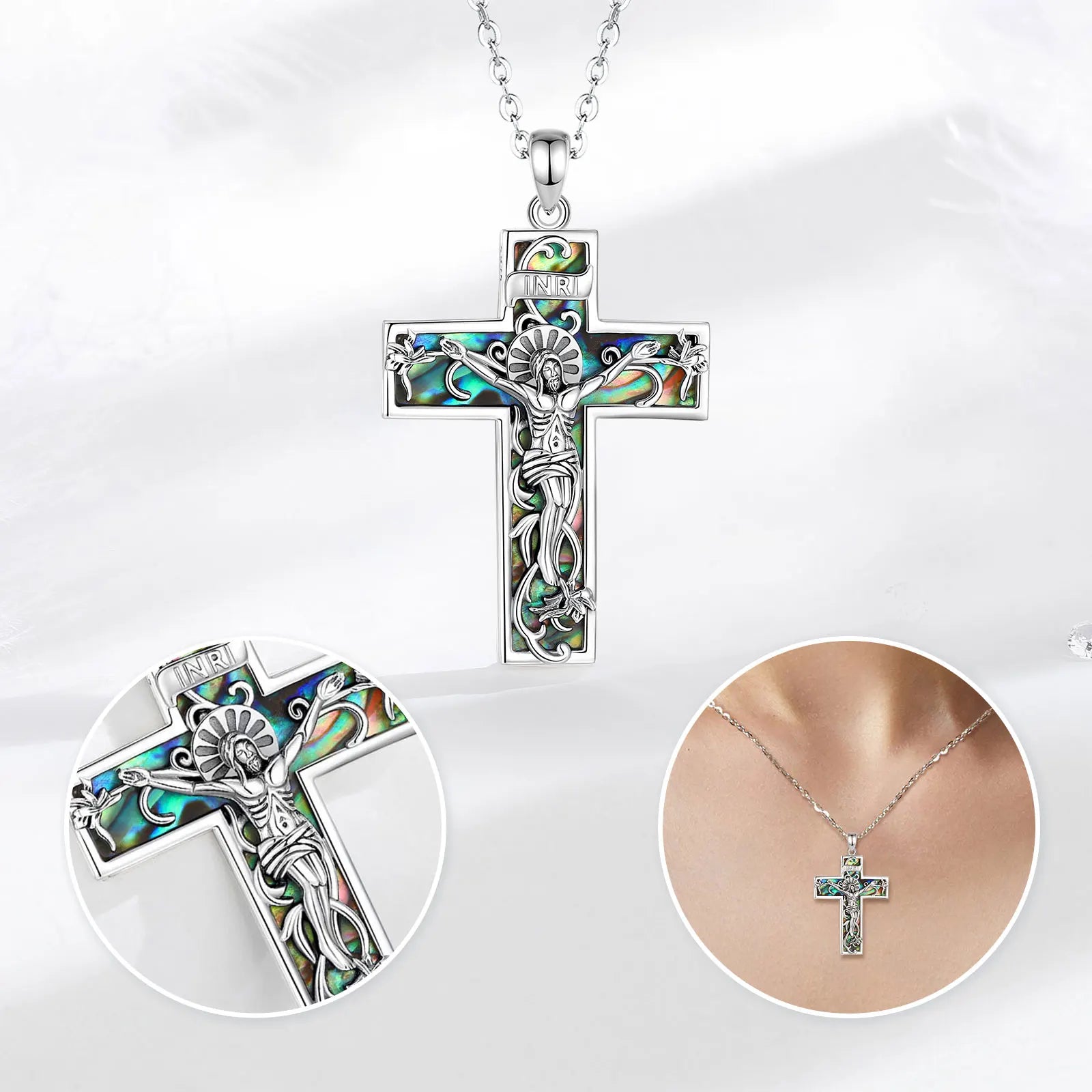 925 Sterling Silver Abalone Shell Jesus Crucifix Cross Necklace