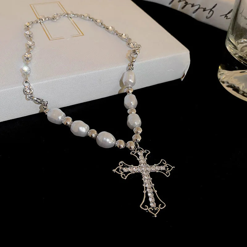 Trendy Pearl Cross Pendant Necklace