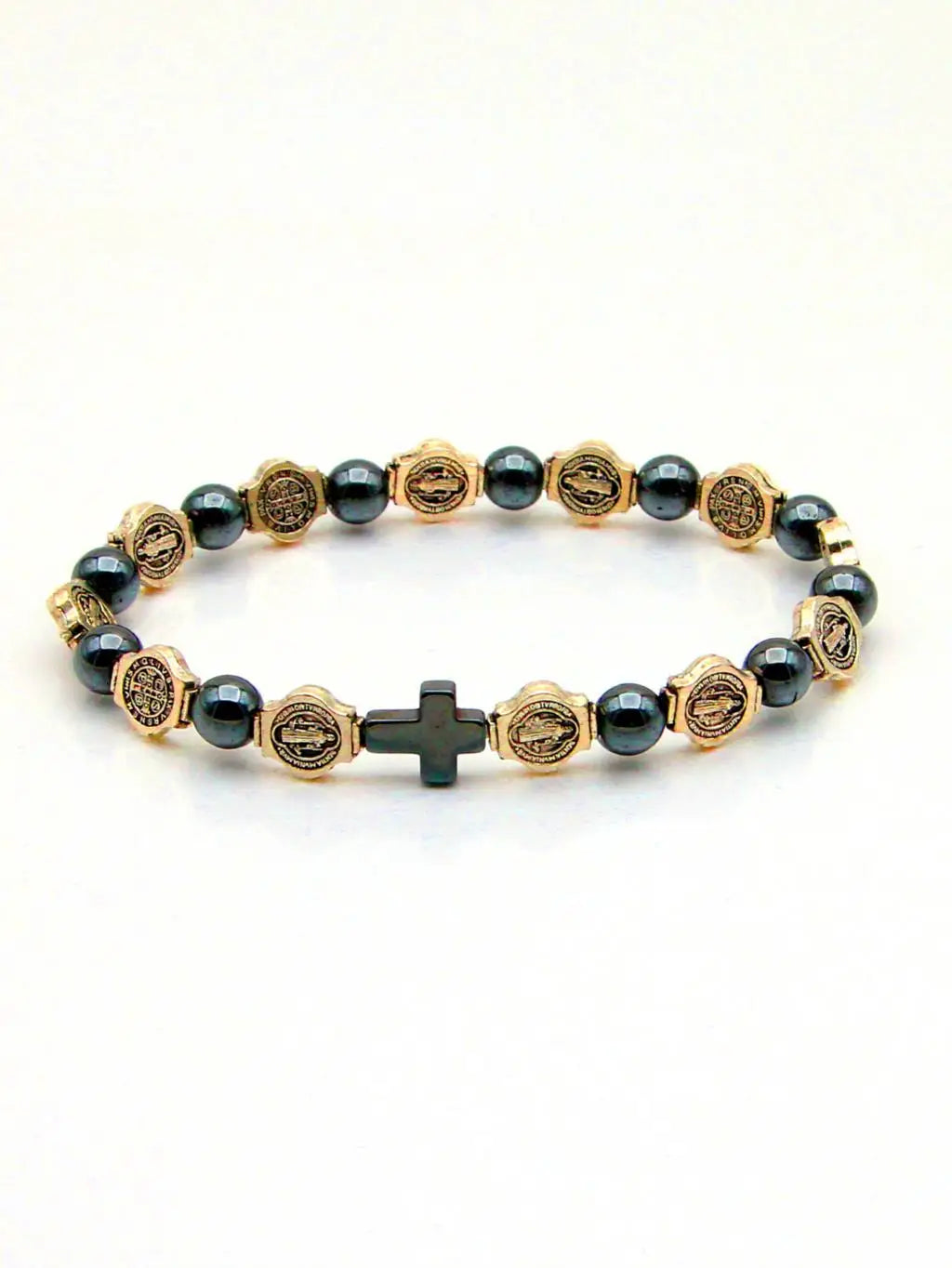 Hematite Rosary Bracelet St. Benedict Medal Cross Prayer Bracelets 