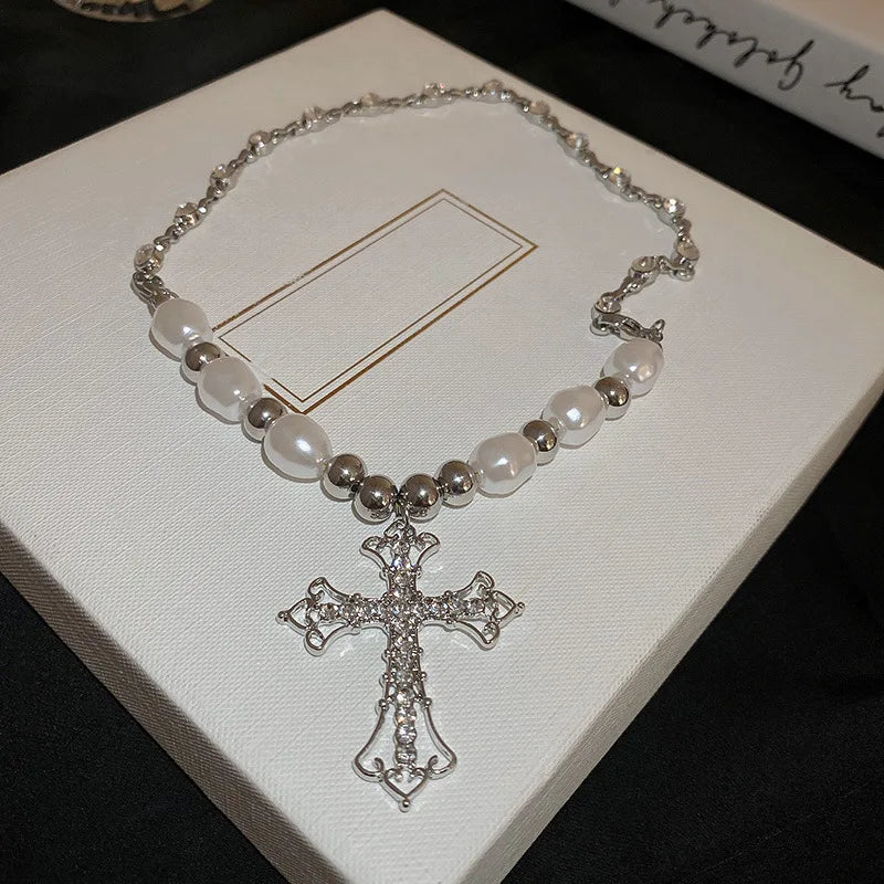 Trendy Pearl Cross Pendant Necklace