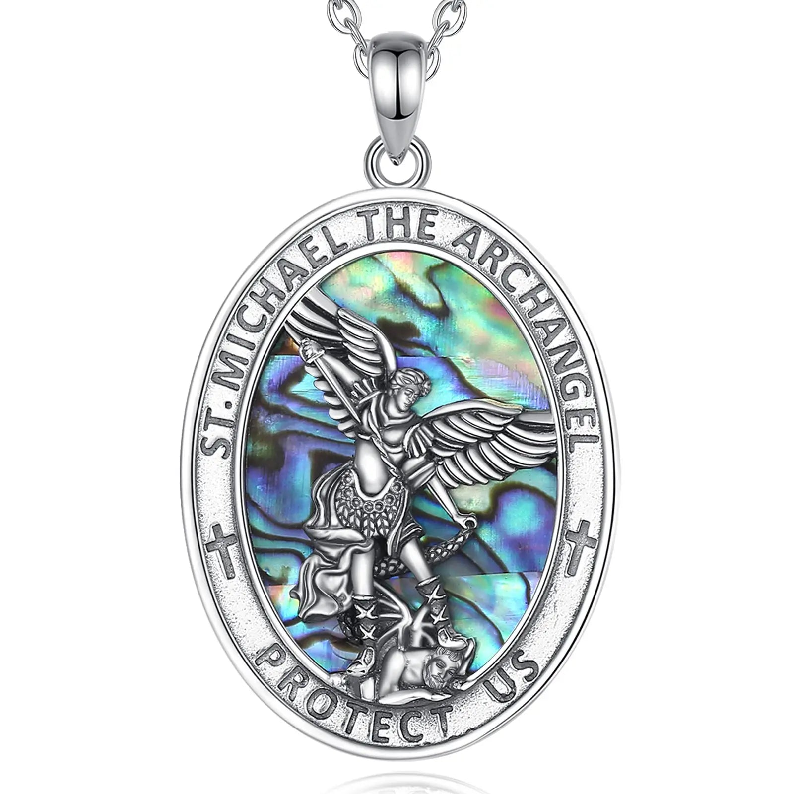 925 Sterling Silver Abalone Shell St.Michael Archangel Necklace