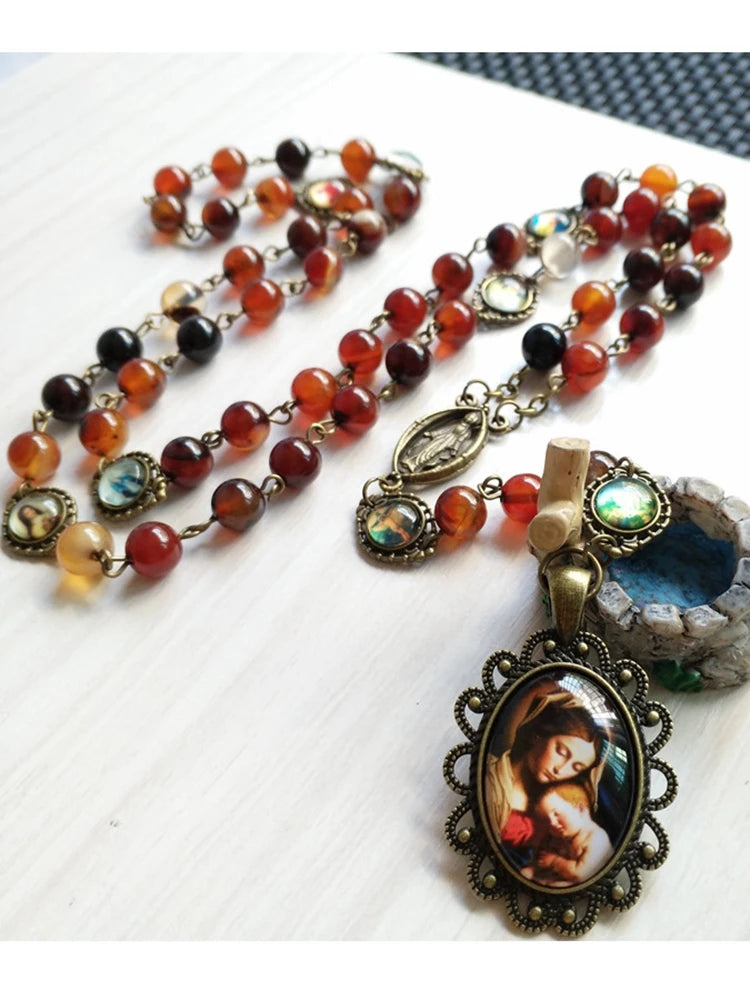 Brone Stone Seven Bitter Virgin Rosary Pendant Necklace Long Catholic Jewelry