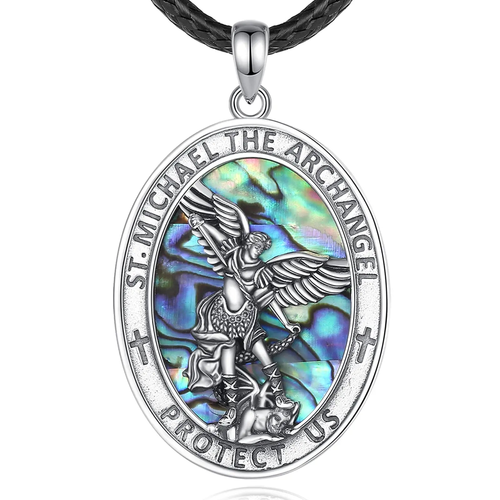 925 Sterling Silver Abalone Shell St.Michael Archangel Necklace