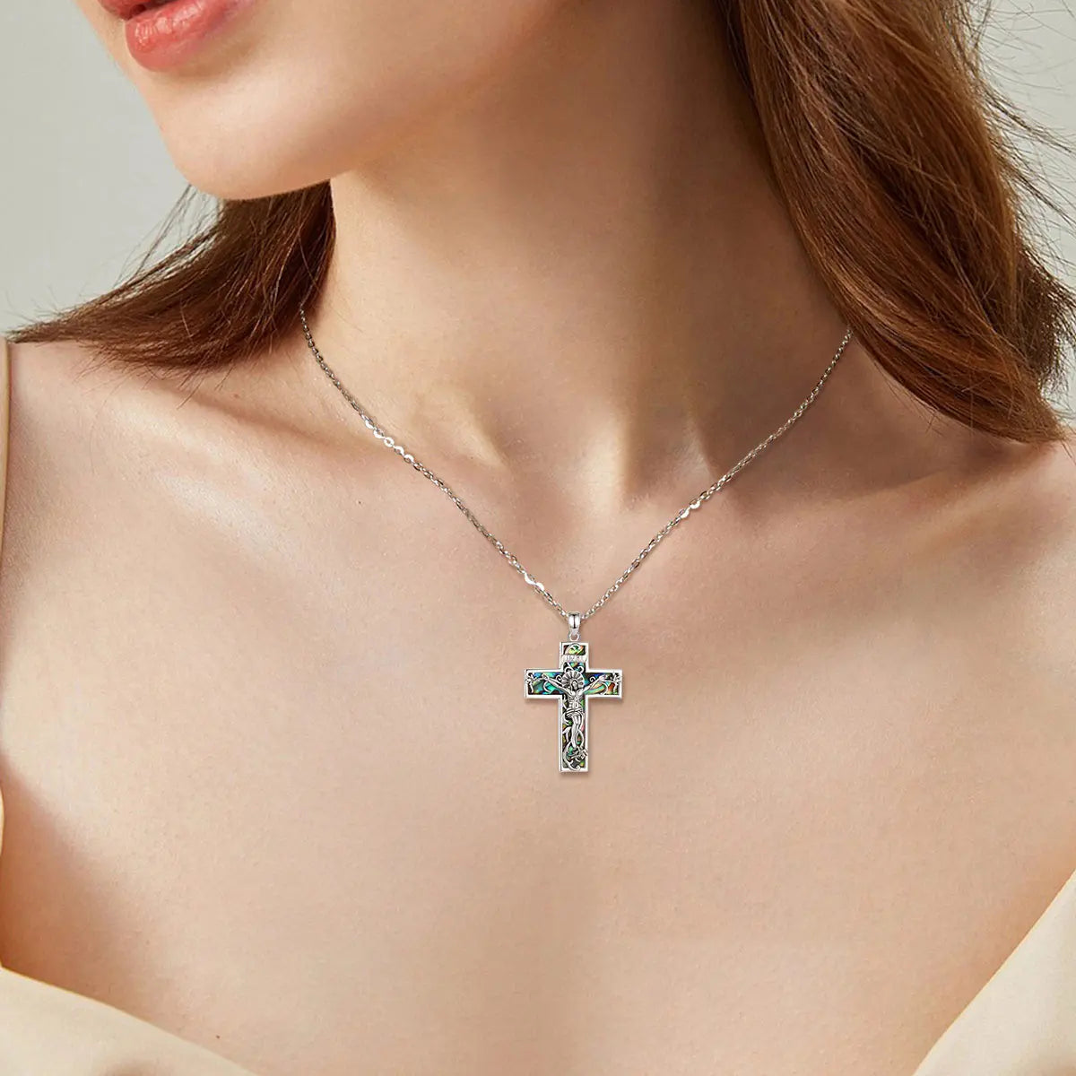 925 Sterling Silver Abalone Shell Jesus Crucifix Cross Necklace