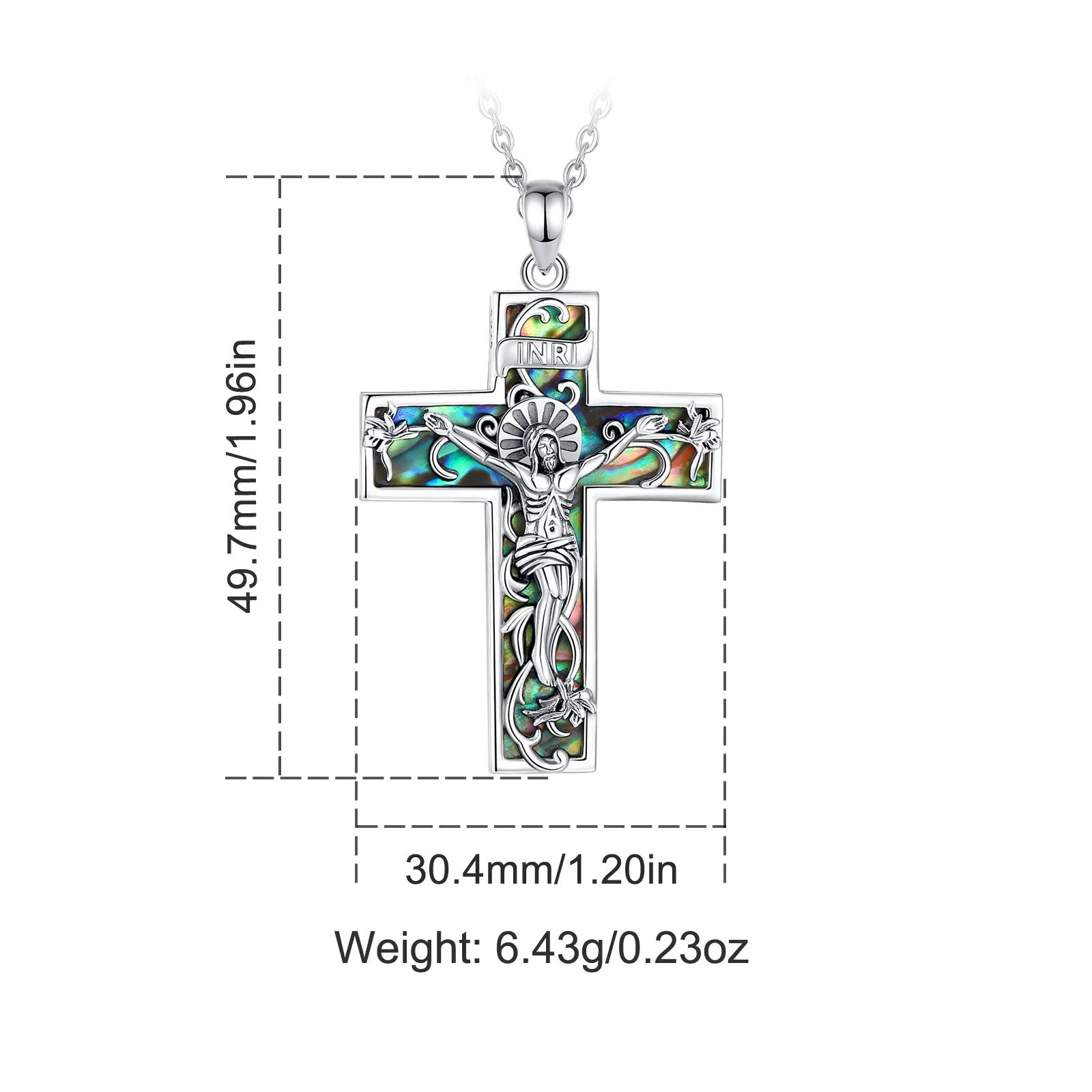 925 Sterling Silver Abalone Shell Jesus Crucifix Cross Necklace