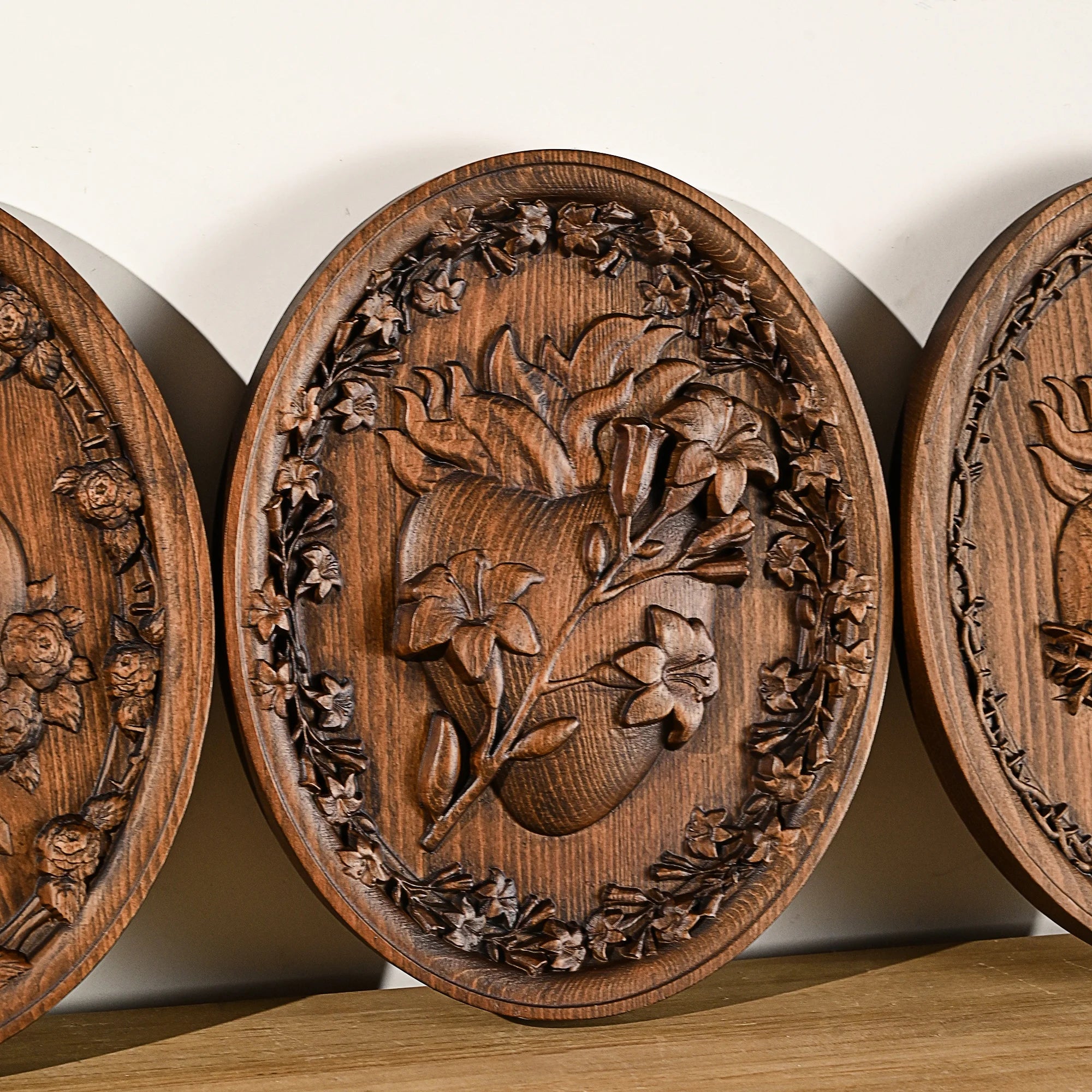 Wood Carving Holy Family Three Hearts Wall Decoration