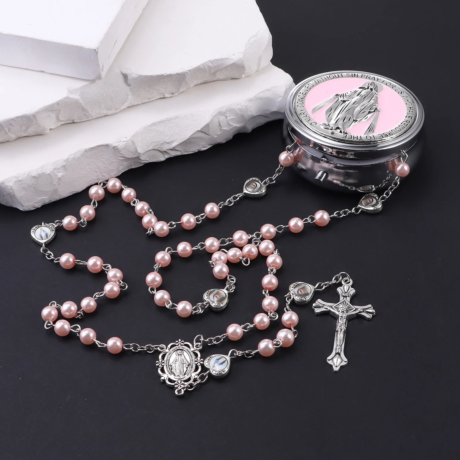 Rosary Necklace Catholic Prayer Beads with box Necklace with Virgin Mary&St. Benedict