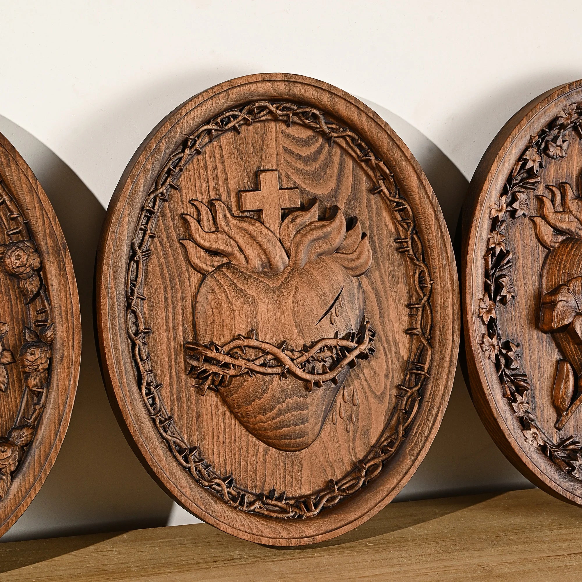 Wood Carving Holy Family Three Hearts Wall Decoration