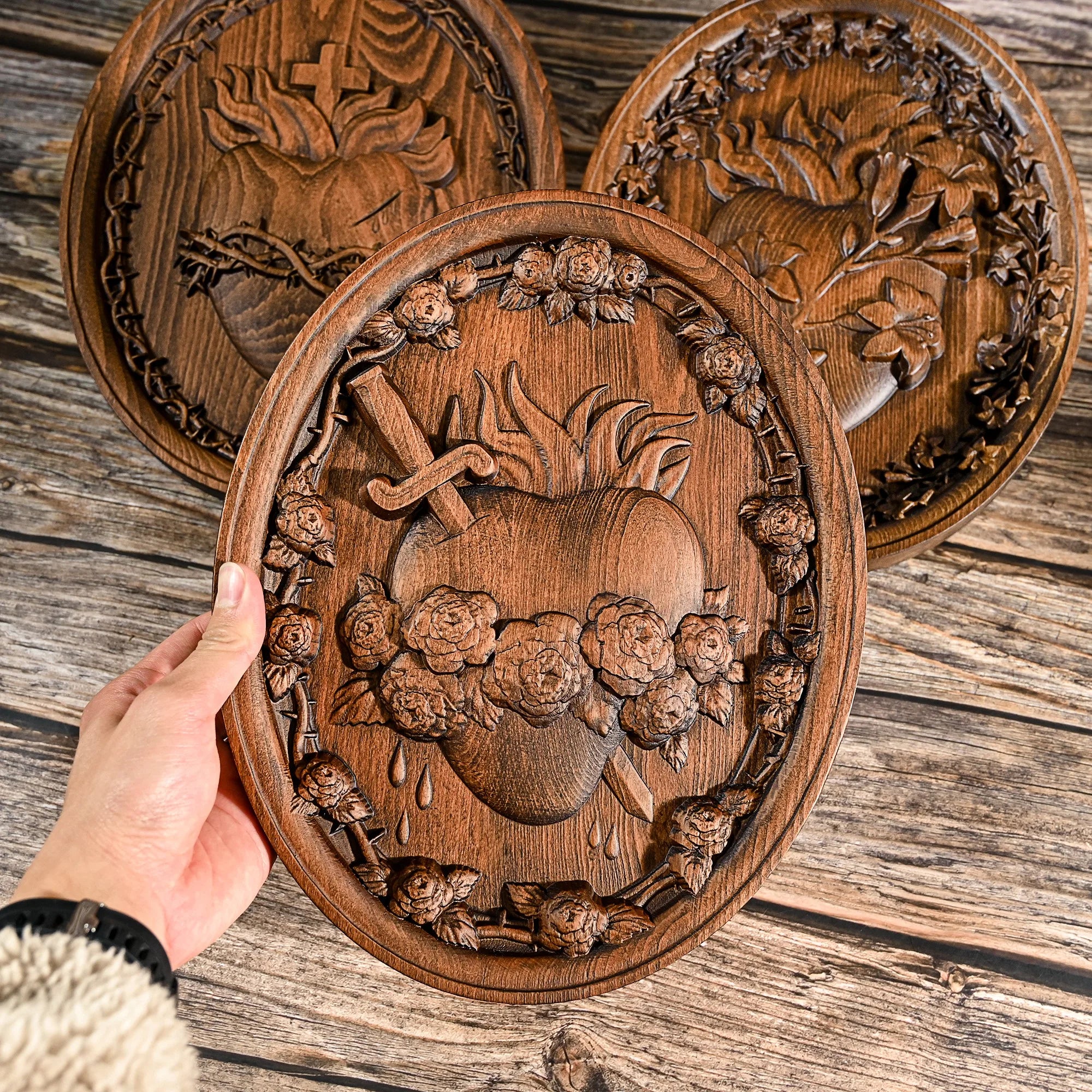 Wood Carving Holy Family Three Hearts Wall Decoration
