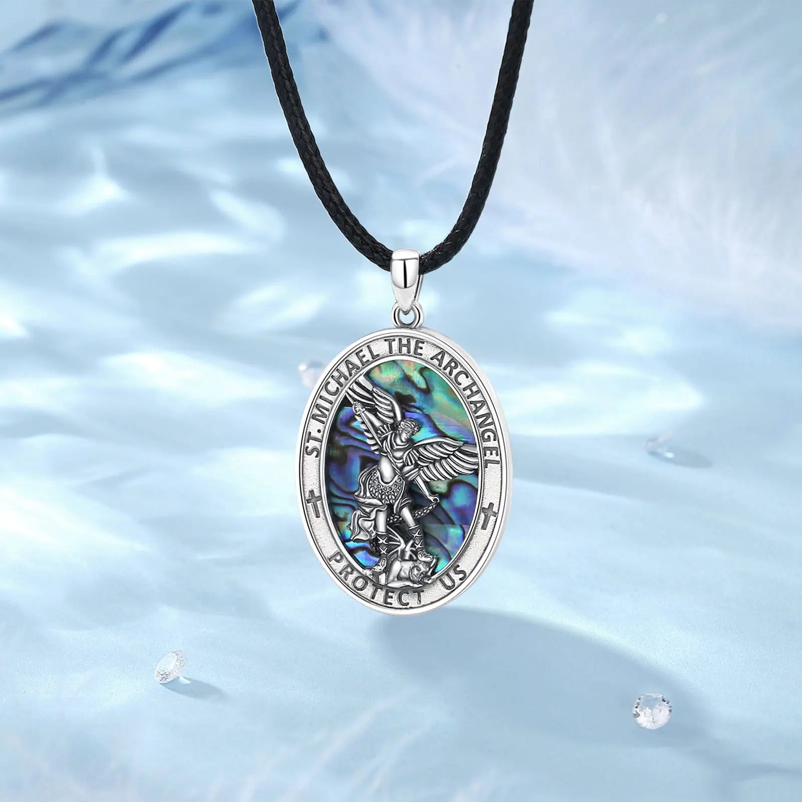 925 Sterling Silver Abalone Shell St.Michael Archangel Necklace