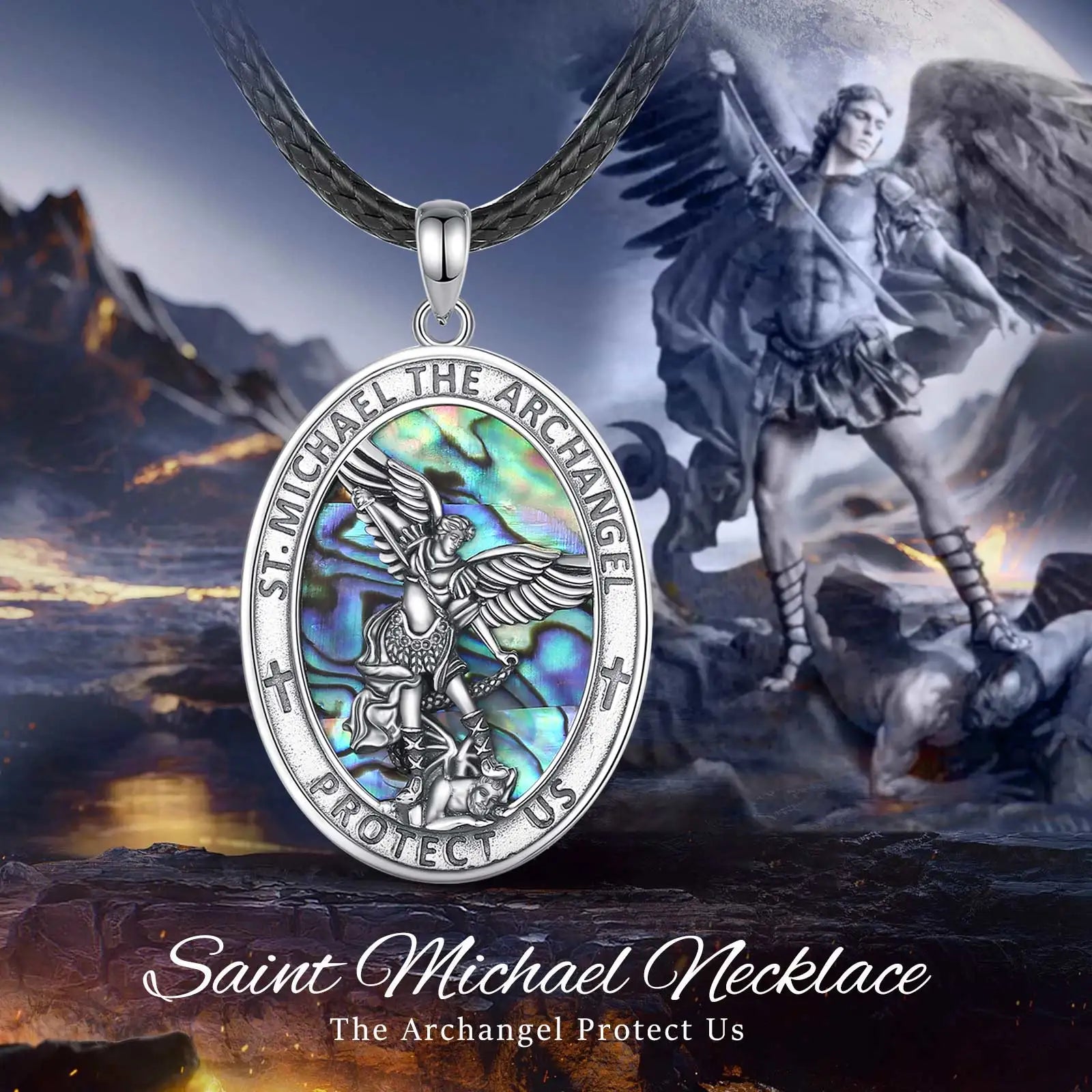925 Sterling Silver Abalone Shell St.Michael Archangel Necklace