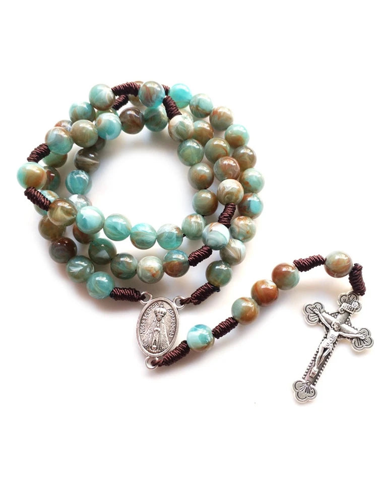Blue Acrylic Rosary Strand Weave Necklace Cross