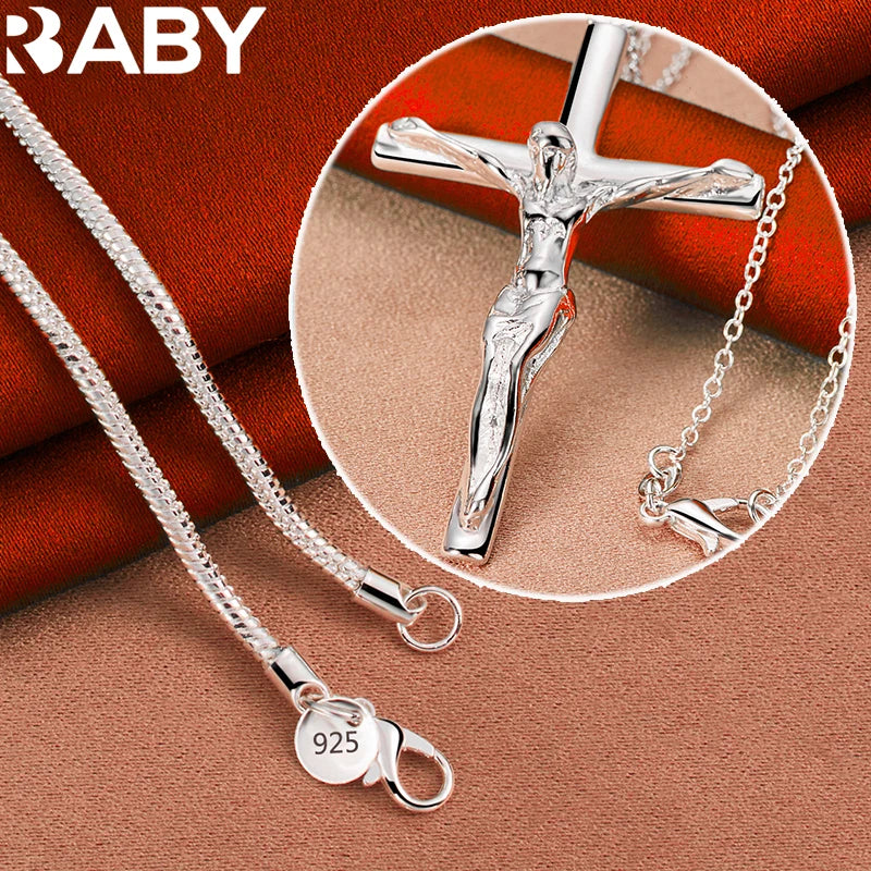 925 Sterling Silver Jesus Cross Pendant Necklace Snake Chain