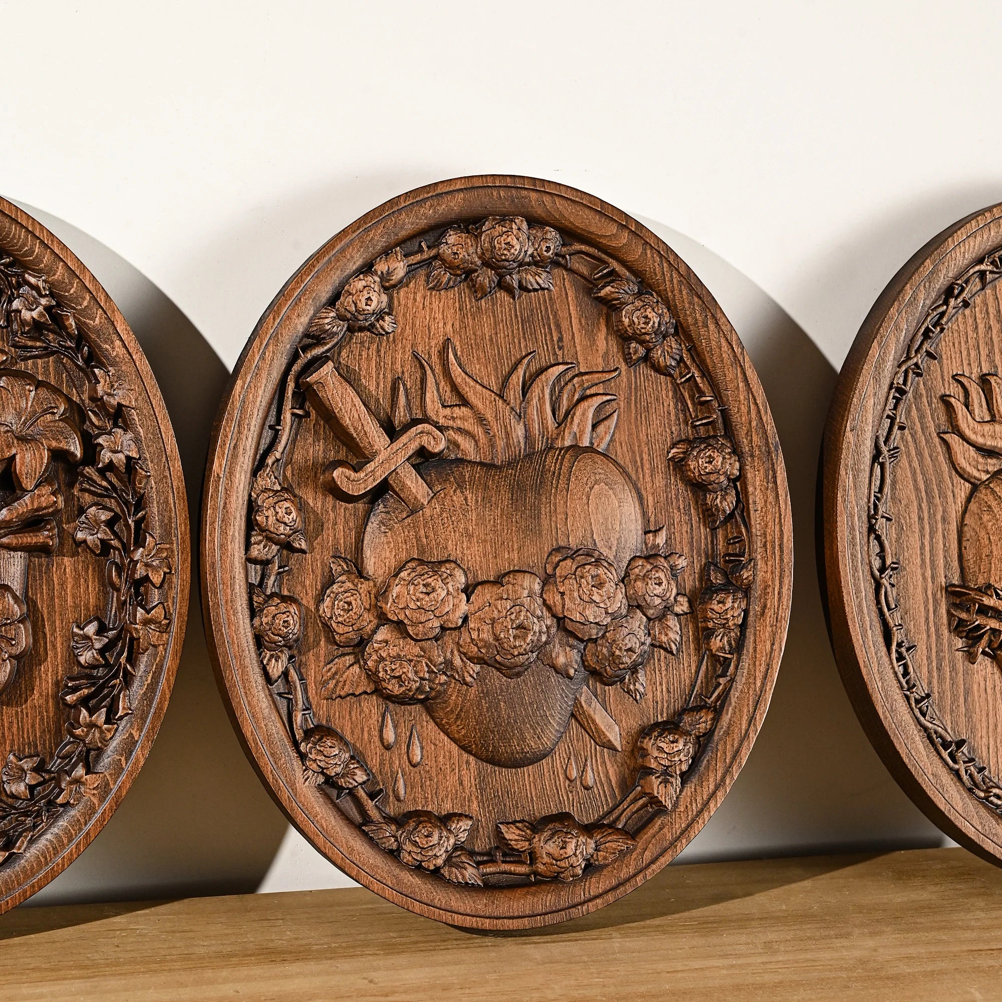 Wood Carving Holy Family Three Hearts Wall Decoration