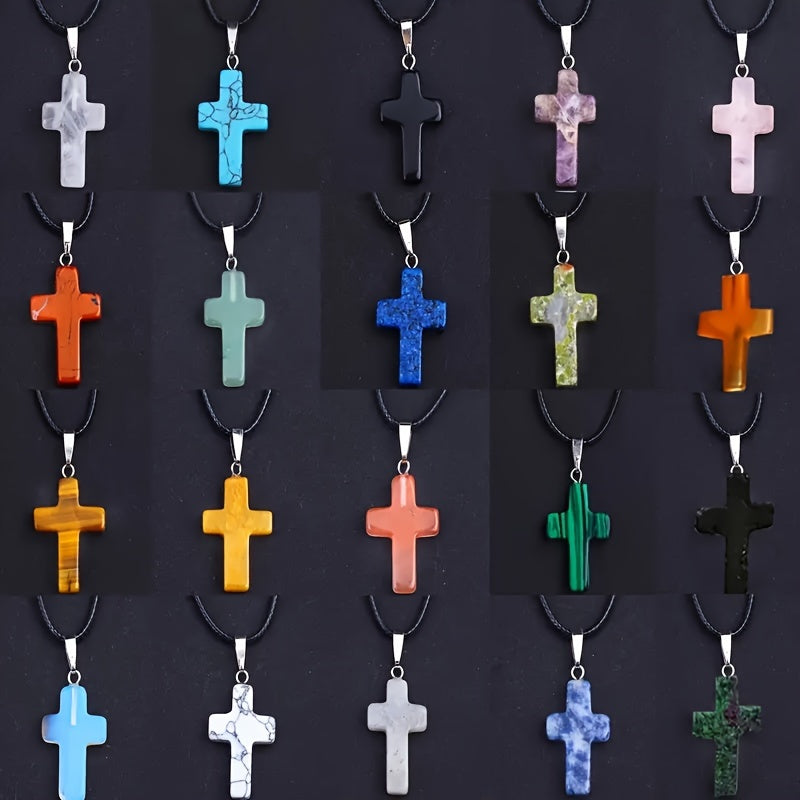 36pcs Natural Stone Cross Pendants & Black Necklaces Set - for DIY Jewelry Making