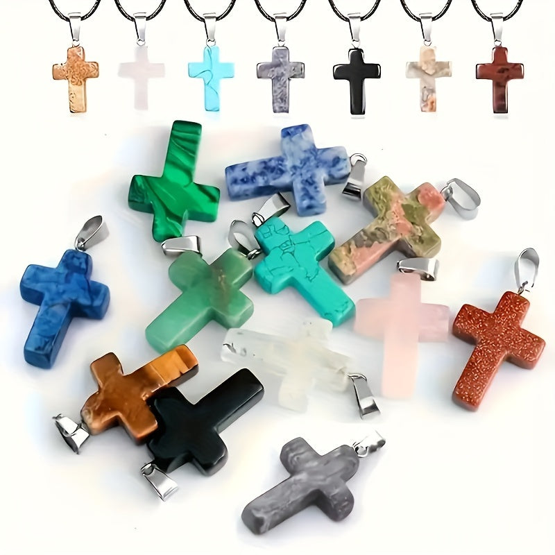 36pcs Natural Stone Cross Pendants & Black Necklaces Set - for DIY Jewelry Making