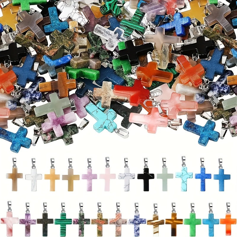 36pcs Natural Stone Cross Pendants & Black Necklaces Set - for DIY Jewelry Making