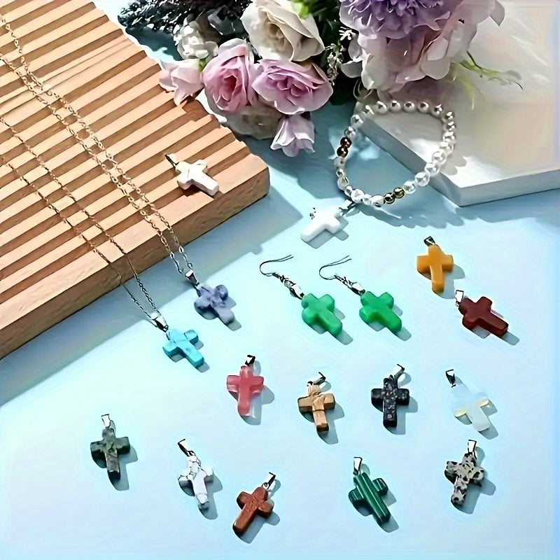 36pcs Natural Stone Cross Pendants & Black Necklaces Set -  for DIY Jewelry Making