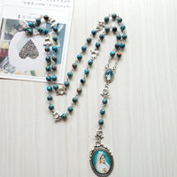 Green Peacock Stone Seven Bitter Rosary Long Virgin Pendant Necklace