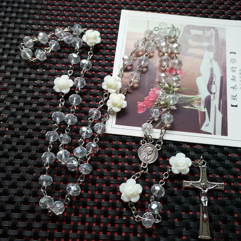 Multiple colors Rose Crystal Rosary Necklace Catholic Vintage Cross Pendant