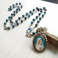 Green Peacock Stone Seven Bitter Rosary Long Virgin Pendant Necklace